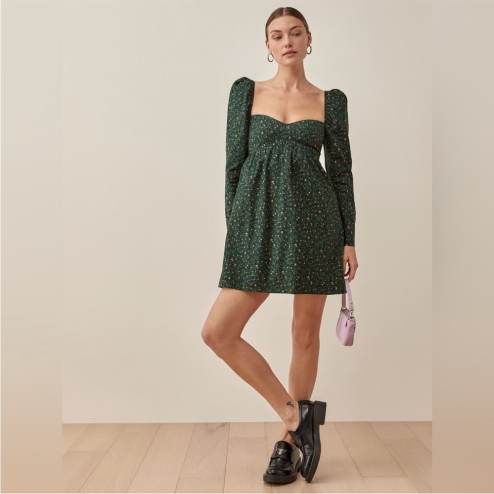 Reformation size 2 Kenzi dress green floral long sleeve mini dress fall cottage